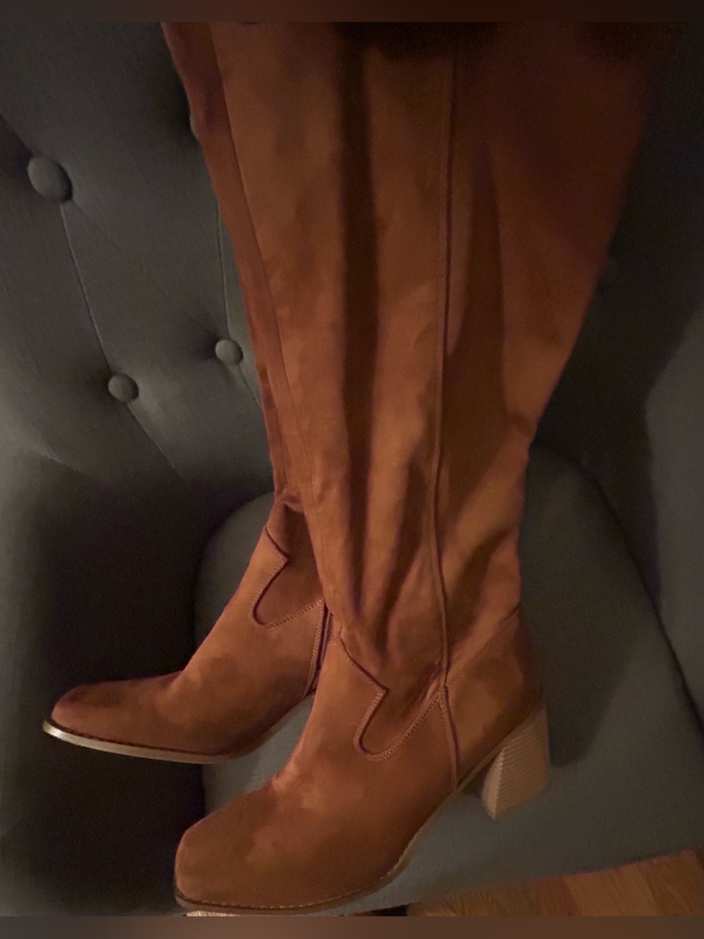 Women's Tall Suede Block Heel Boots in Cognac Brown size 11